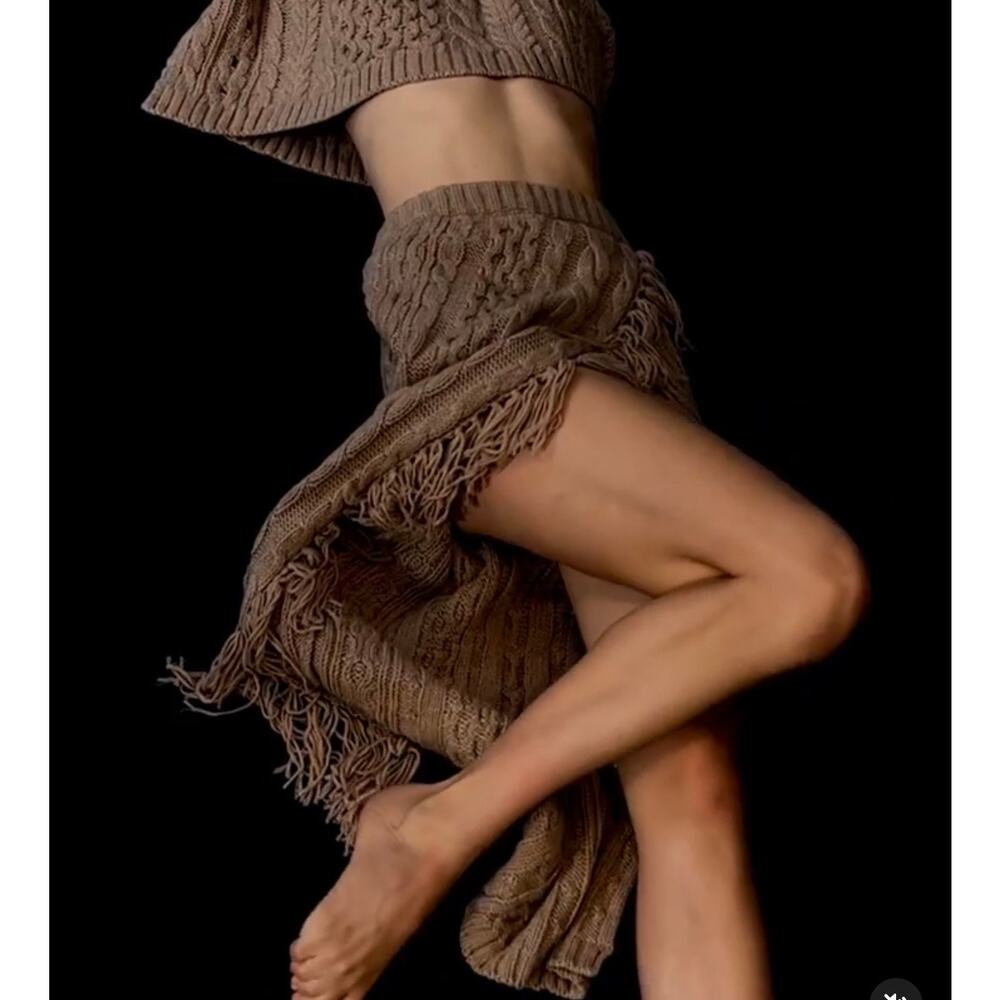 New tan Something navy cableknit sweater fringe skirt sz S $195 - Picture 2 of 6